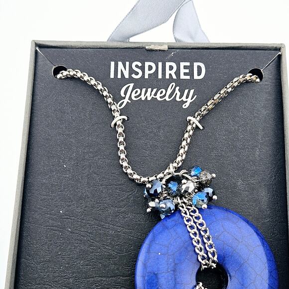 Round Pendant Necklace With Chain Tassel Fringe Blue Dark Fairy Grunge Statement - Picture 2 of 4